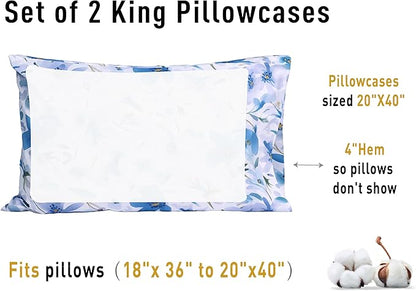 sunflower King Pillowcases Set of 2, 100% Cotton King Size Pillow Cases 2, 20×40 inches Blue Bloom, Soft and Breathable