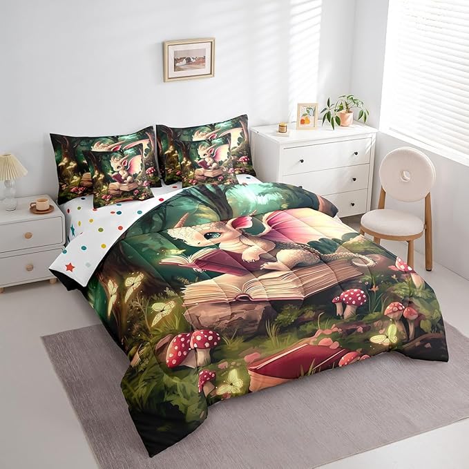 Magical Dragon Wildlife Comforter Set,Childlike Fairy Tale 7 Piece Bed Set King Size for Kids,Cute Jungle Mushroom Bed in a Bag Bedding Set with Comforter,Sheet Set,Pillowcases,Pillow Covers