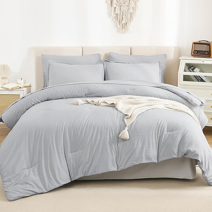 Litanika Queen Comforter Set Light Grey - 7 Pieces Bed in a Bag Queen Bedding Comforter Sets, Solid Lightweight Bed Set with Comforter, Sheets, Pillowcases & Shams