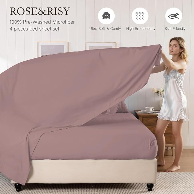 Lavender King Size Sheet Set, Pre-washed Microfiber Cotton-Like 4 Pcs Ultra Soft Bedding Set King, Breathable Cooling Skin-Friendly All Seasons, 1 Fitted, 1 Flat, 2 Pillowcases (Lavender, King)