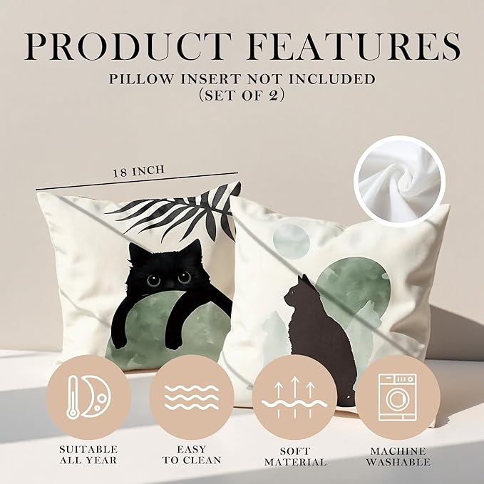 Sage Green Cat Throw Pillow Covers 18x18 Set of 2, for Cat Lovers,Boho Black Cat Pillowcases, Aesthetic Green and Black Decor for Dorm Bedroom Office(01)