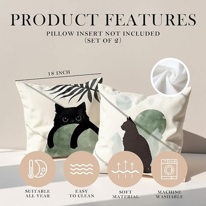 Sage Green Cat Throw Pillow Covers 18x18 Set of 2, for Cat Lovers,Boho Black Cat Pillowcases, Aesthetic Green and Black Decor for Dorm Bedroom Office(01)