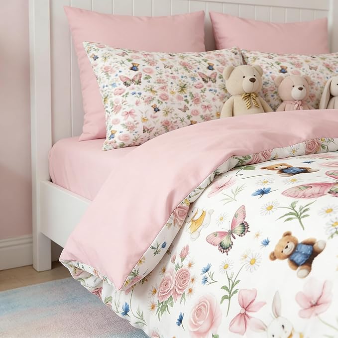 Queen Pink Floral Comforter Set for Girls, 3Pcs Pink Bow Butterfly Bedding Set for Priness Girly Bedroom Decor, Cute Rabbit Bear Comforter with 2 Pillowcases, 90"x90"