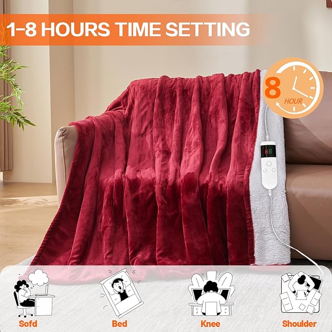 Electric Heated Blanket Queen Size 84''x90'' - Dual-Control Heating Blanket, Soft & Warm Flannel 10-Level Temperature Control, 8 Hours Auto Off, Rapid Heating & Overheat Protection