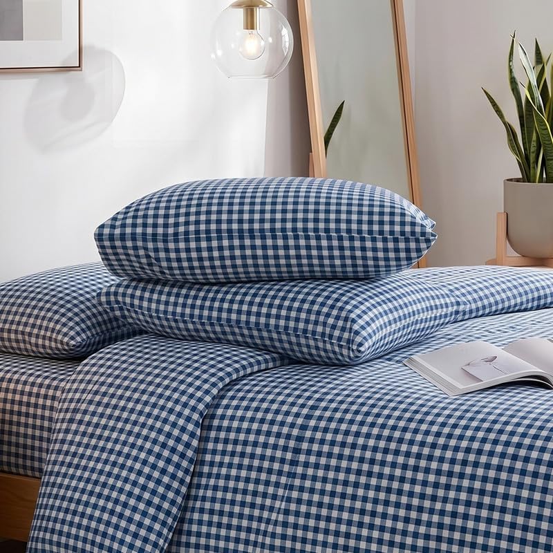 NEXHOME PRO Blue Gingham Duvet Cover Twin, 100% Washed Cotton Like Linen Feel Organic Natural Bedding Set 3 Piece Navy Vintage Plaid Checkered Comforter Cover Set (No Comforter) 6890