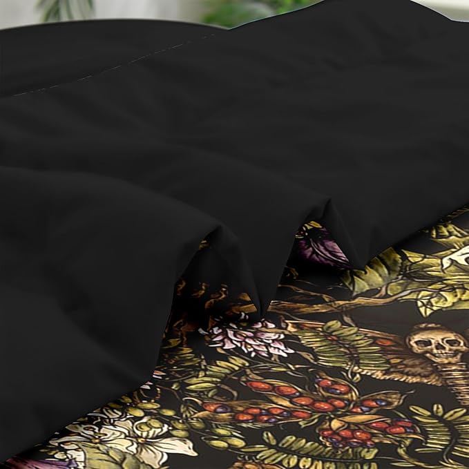 Comforter Set Queen Size, Gothic Flower Tree Plants 7 Pcs Bedding for Kids and Adults, Death Moth Green Bed Sheet Sets with Fitted Sheet 2 Pillowcases & 2 Shams for Bedroom Bed Decor