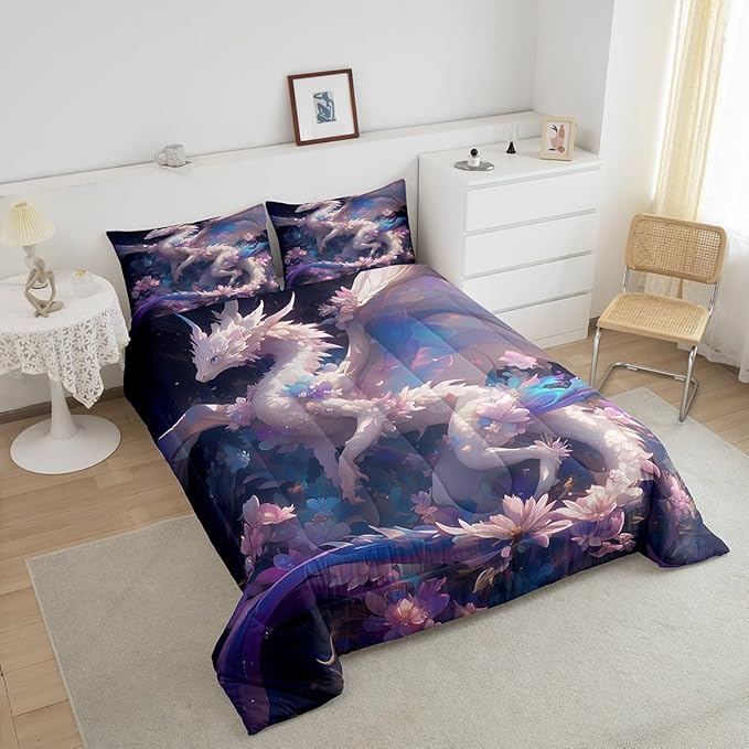 Dragon Twin Size Comforter Set for All Seasons,Dreamy Cartoon Animals Bedding Set Teens Bedroom Decor,Watercolor Flowers Comforter Inner Fill with 1 Pillowcase