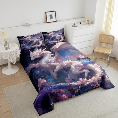 Dragon Twin Size Comforter Set for All Seasons,Dreamy Cartoon Animals Bedding Set Teens Bedroom Decor,Watercolor Flowers Comforter Inner Fill with 1 Pillowcase