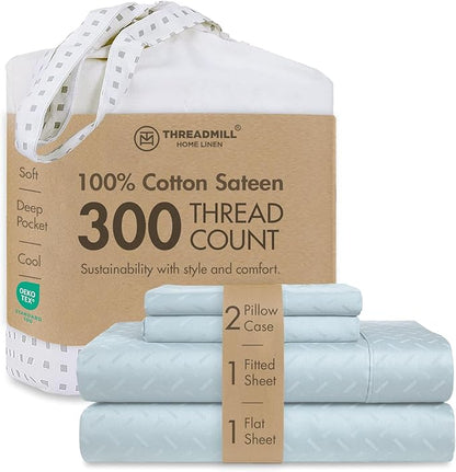 Threadmill 100% Cotton Sheets for King Size Bed | 4 Pc King Bed Sheets Set | Soft, Breathable Lightweight Damask Sateen for All-Season Use | Snug Fit Elastic Deep Pocket King Sheets | Blue