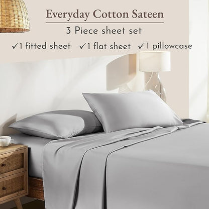 California Design Den Natural 100% Cotton Sheets Twin XL Size Set - Soft Sateen Weave, Twin XL Sheets with 12" Pockets, Breathable and Durable Bedding for Dorm Rooms, College (Light Grey)