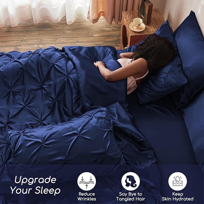 MR&HM Satin Comforter Full 7 Pieces - Luxurious Pinch Pleat Bedding Set with Comforter, Flat Sheet, Fitted Sheet, Pillowcases & Shams, Super Silky Soft Bed Set for All Season (Full, Navy Blue)