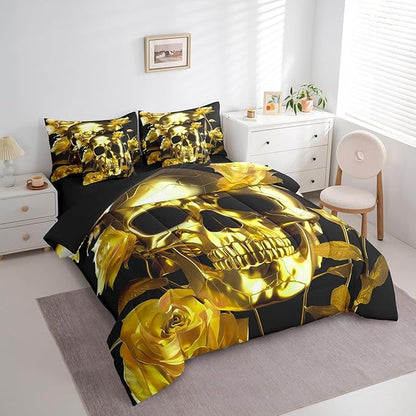 Erosebridal Gold Sugar Skull Comforter Set 7 Piece Bed in a Bag Twin,Gothic Skeleton Bedding Sets Rose Flowers Sheet Set with Comforter