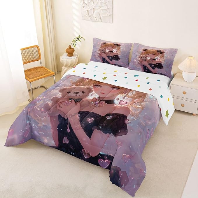 Erosebridal Bow Girls Down Comforter Pink Kawaii Cartoon Anime Kids Queen Comforter Set with 2 Pillow Cases,Romantic Aesthetic Princess Bedding Set Japanese Style Girl Bed Set