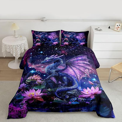 Feelyou Dragon Comforter Set King Size Dragon Stuff Bedding Set for Kids Boys Girls Wild Life Duvet Quilt Magic Wildlife Bedroom Decor Dull Purple Microfiber 3 Pcs with 2 Pillow Cases