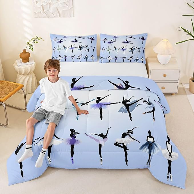 Erosebridal Girl Comforter Set King Size Ballet Bedding Set for Girls Women Kids Teens Dancing Theme Down Comforter Classical Graceful Style Warm Soft 3 Pieces Bedroom Decor Quilt Set