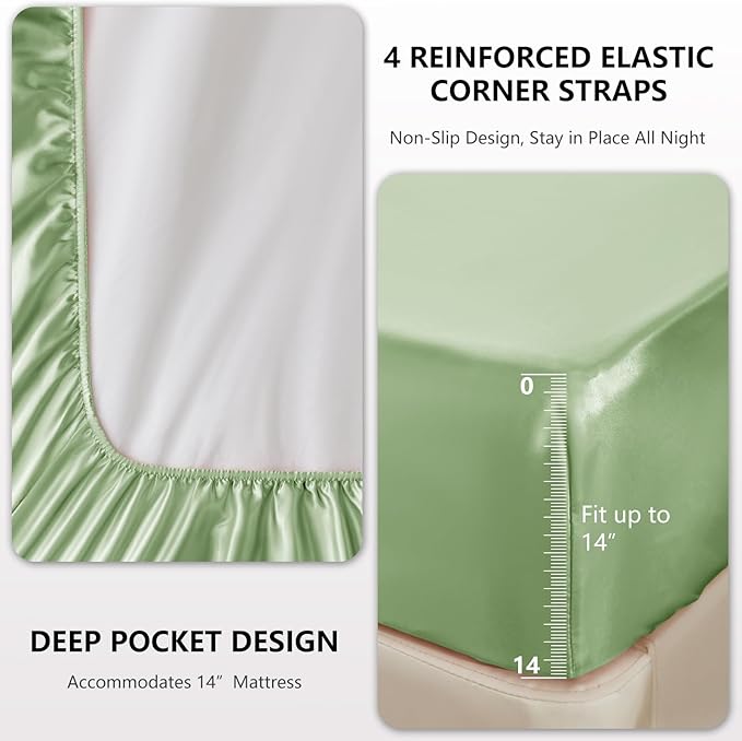 CozyLux Satin Sheets Queen Size Bed Set - 4 Piece Silky Queen Sheet Set, Luxury Sage Green Queen Sheets with Smooth and Soft Microfiber, Includes 1 Fitted Sheet, 1 Flat Sheet and 2 Pillowcases