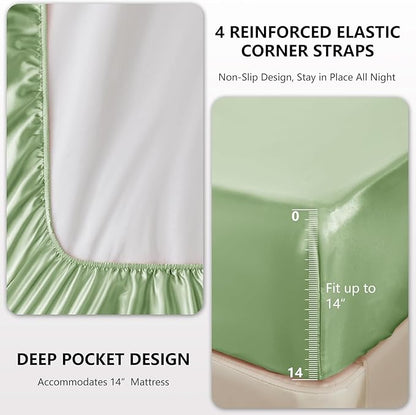 CozyLux Satin Sheets King Size Sheet Set - 4 Piece Silky King Sheets, Luxury Sage Green King Bed Set with Smooth and Soft Microfiber, Includes 1 Fitted Sheet, 1 Flat Sheet and 2 Pillowcases