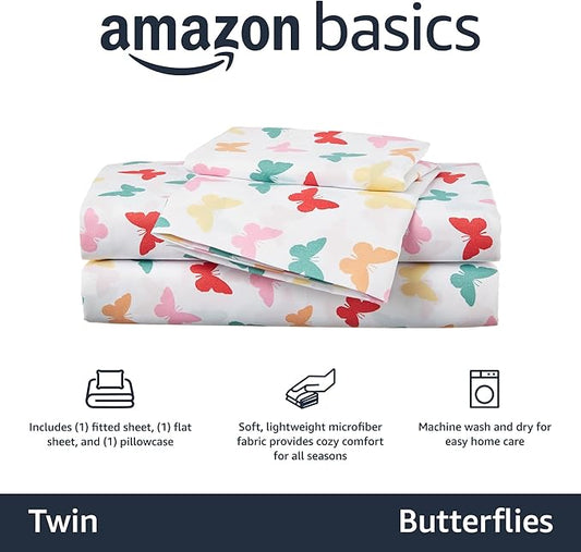 Amazon Basics Kid's Soft Easy-Wash Microfiber 3-Piece Sheet Set, Twin, Multi-Color Butterflies, Butterfly Friends, Printed