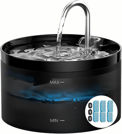 Cat Water Fountain Pet Fountain: 67oz/2L Cat Water Dispenser - Black Pet Dispenser - Faucet Dog Bowl - with 6 Filters + 3 Sponges - GIOTOHUN