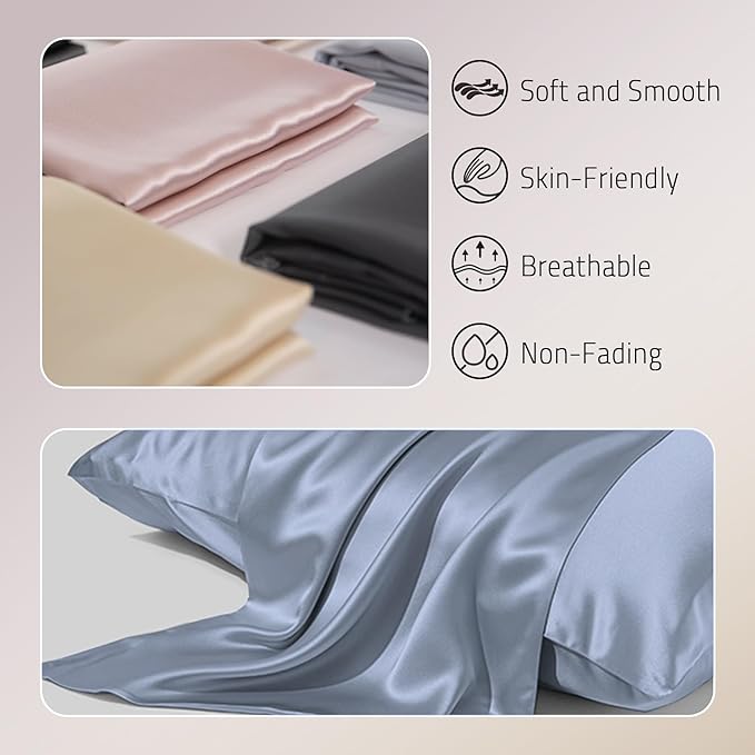 Mulberry Silk Pillow Case for Hair and Skin Prevent Acne Pillowcases Both Sides Real Silk Pillowcases Organic Silk Pillowcase with Hidden Zipper, Dusty Blue, Queen (20"×30")