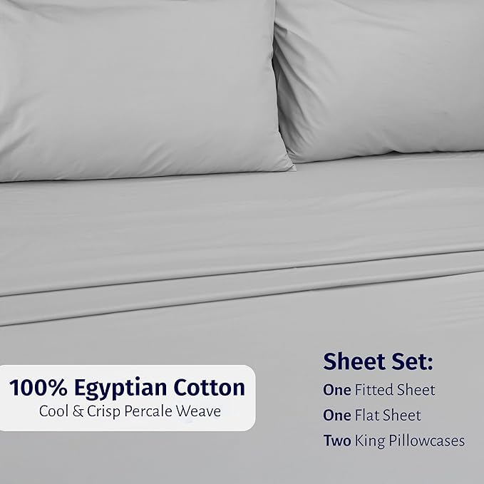 California Design Den King Bed Sheets Set - Certified 100% Egyptian Cotton Percale Sheets King with Deep Pockets, Lightweight, Crisp, Durable Luxury Bedding Set - Light Grey