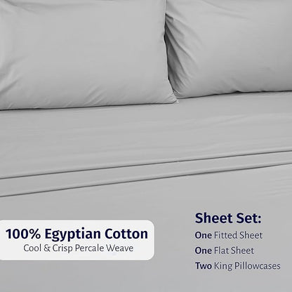 California Design Den King Bed Sheets Set - Certified 100% Egyptian Cotton Percale Sheets King with Deep Pockets, Lightweight, Crisp, Durable Luxury Bedding Set - Light Grey