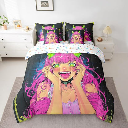Erosebridal Anime Girl Bedding Set Queen Size 7 Piece Bed in A Bag, Japanese Anime Comforter Set for Kids Boys Teens Bedroom Decor, Cartoon Girl Sheet Set Kawaii Japanese Animation Bed Set