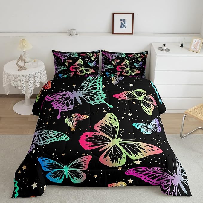 Erosebridal Butterfly Comforter Set Queen Starry Sky Galaxy Colorful Ombre Butterflies Bedding Sets for Kids Girls Teens Women Cartoon Bedding Comforters & Sets Room Decor with 2 Pillow Cases