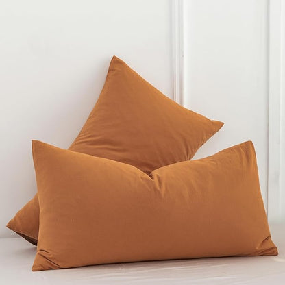 MooMee Bedding Pillowcases Pack of 2 100% Washed Cotton Linen Like Textured Breathable Durable Soft Comfy (Solid Burnt Orange, King)