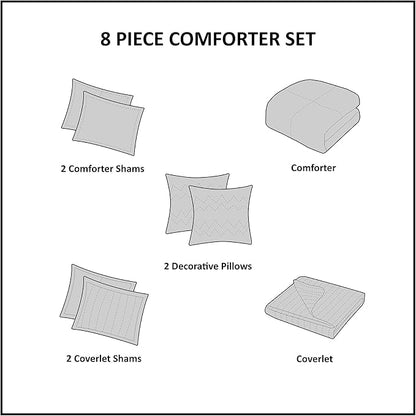 Madison Park Heritage Comforter Quilt Combo Set - Modern Luxury Design, All Season Down Alternative Bedding, Matching Shams, Decorative Pillows, King/Cal King(104"x92"), Color Block Grey 8 Piece