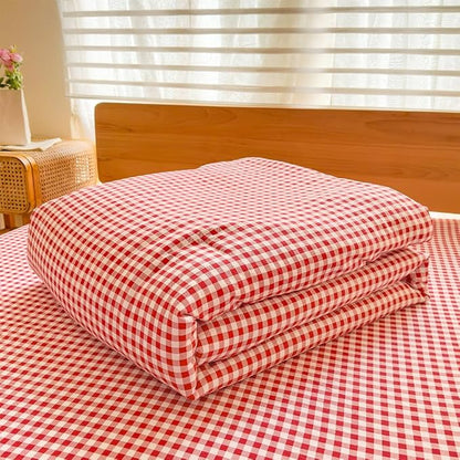 NSNLGSGC King Size Comforter Set, Red Gingham Bedding Comforter Sets, Red Grid Bed Comforter 3 Pieces (1 Comforter, 2 Pillowcases)