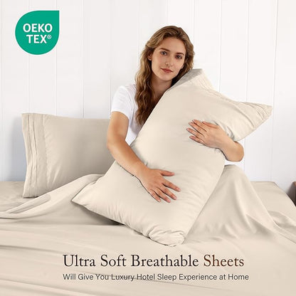 ROSE&RISY Sand Queen Sheet Set, Pre-Washed Cotton-Like Brushed Microfiber, 4 Pieces Super Soft Bed Sets, Breathable Cooling Deep Pockets, Includes 1 Fitted, 1 Flat, 2 Pillowcases (Sand, Queen)