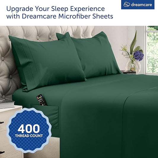 DREAMCARE King Size Sheets Set - Cooling Bed Sheets - 4pcs Set - up to 15" Deep Pocket King Sheet Set – Soft & Long Lasting Cooling - 100% Fine Brushed Microfiber with Side Pocket - Emerald Green