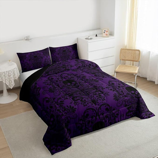 Feelyou Adults Gothic Skull Bedding Set Twin Size Kids Damask Print Comforter Goth Bohemian Duvet Breathable Soft Lightweight Microfiber Black Purple Room Decor with 1 Pillowcase
