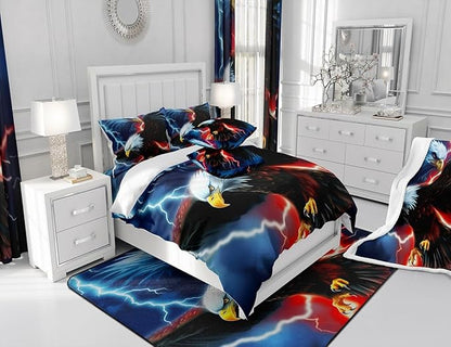 American Flag Eagle Comforter Set King Size,Lightning Night Bedding Set 3pcs,Kids Girls Boys Adult Room Decor,Wild Animals Theme Duvet Insert Vintage Cool Quilted Duvet Set with 2 Pillowcases