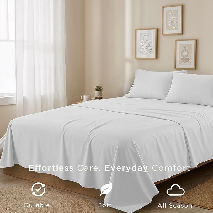 Threadmill 100% Cotton Sheets for King Size Bed | 4 Pc King Bed Sheets Set | Soft, Breathable Lightweight Solid Sateen for All-Season Use | Snug Fit Elastic Deep Pocket King Sheets | White