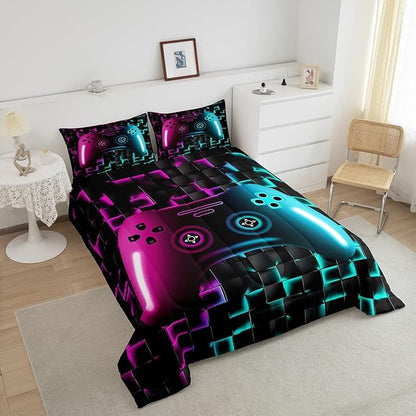 Erosebridal Gamer Bedding Sets for Boys,King Size Comforter Sets for Boys Girls Kids 3D Gaming Geometric Comforter,Game Console Lightweight Microfiber Duvet Quilt,Neon Purple Teal Black Glowing