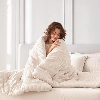 MUXHOMO 5 Pieces Twin Comforter Set, Seersucker Bed in a Bag Twin Size, All Season Luxury Bedding Set with Comforter, Flat Sheet, Fitted Sheet, Pillowcase & Sham, Beige