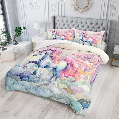 Pink Fantasy Unicorn Comforter Set Full Rainbow Scales Unicorn 3pcs Bedding Set for Girls Boys Kids Cartoon Down Alternative Soft Lightweight Comforter with 2 Pillowcases All Season