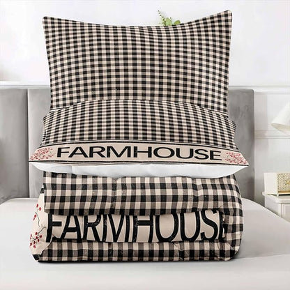 LUVIVIHOME 3PCS Brown Black Gingham Comforter Set, King Bed Set, Grid Checkered Quilt, Farmhouse Bedding, Red Berry Check Primitive Country Rustic Vintage Buffalo Plaid Comforter, 2 Pillow Shams