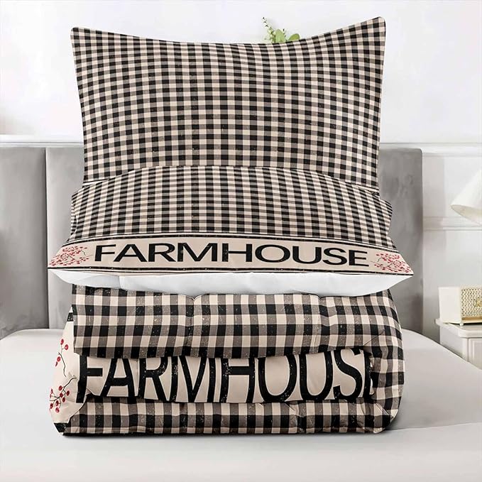LUVIVIHOME 2PCS Brown Black Gingham Comforter Set, Twin Bed Set, Grid Checkered Quilt, Farmhouse Bedding, Red Berry Check Primitive Country Rustic Vintage Buffalo Plaid Comforter, 1 Pillow Sham