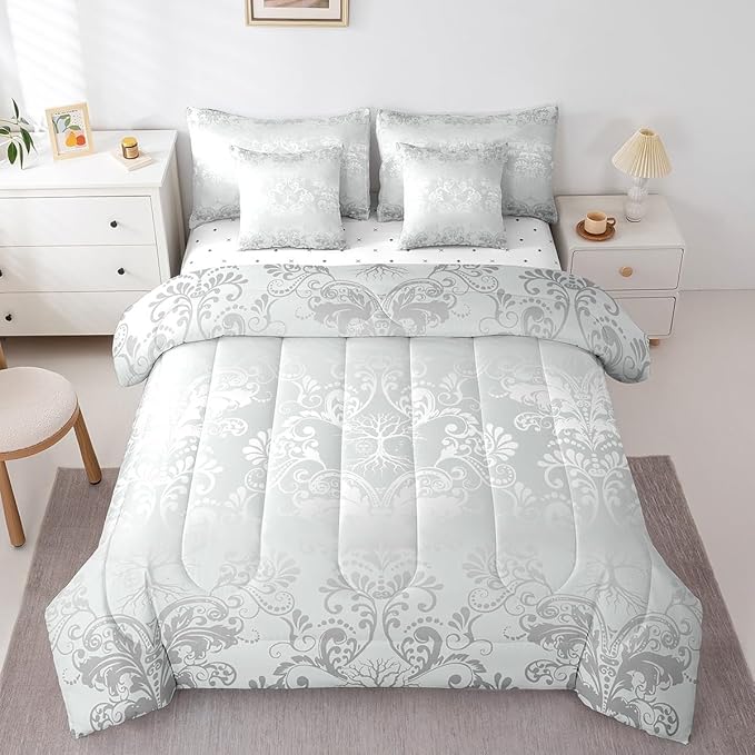 Erosebridal Gothic Damask Bed in a Bag King Size Comforter Set 7 Pieces,Sun Moon Tree of Life Bedding Sets Silver White Victorian Floral Goth Sheet Set with Comforter