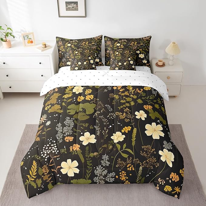 Wild Flowers Leaves Twin Comforter Set with Sheets Bed in a Bag 7 Pcs,Spring Botanical PlantsBed Set,Retro Country Decor Bedding Sets with Comforter,Flat,Fitted Sheet,Pillowcases,Pillow Covers