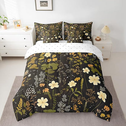 Wild Flowers Leaves Twin Comforter Set with Sheets Bed in a Bag 7 Pcs,Spring Botanical PlantsBed Set,Retro Country Decor Bedding Sets with Comforter,Flat,Fitted Sheet,Pillowcases,Pillow Covers