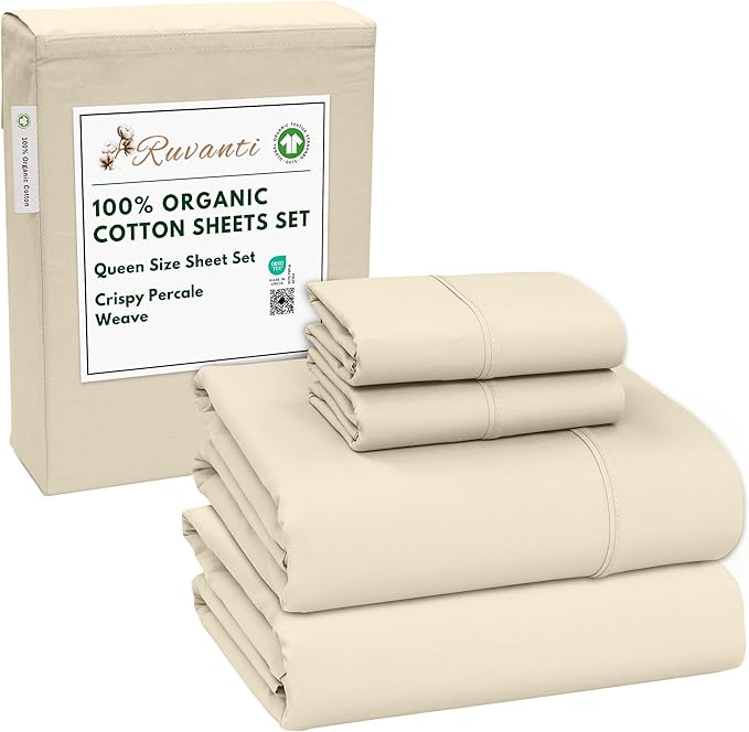 RUVANTI 100% Organic Cotton Sheets Queen Size, Percale Weave, GOTS Certified, 4-Piece Set, Deep Pocket 15", Crisp & Breathable, Soft Durable Bedding, Sábanas Algodón Orgánico – Cloud Cream