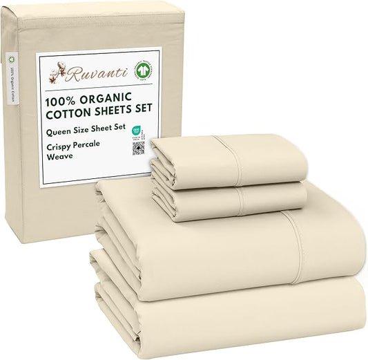 RUVANTI 100% Organic Cotton Sheets Queen Size, Percale Weave, GOTS Certified, 4-Piece Set, Deep Pocket 15", Crisp & Breathable, Soft Durable Bedding, Sábanas Algodón Orgánico – Cloud Cream