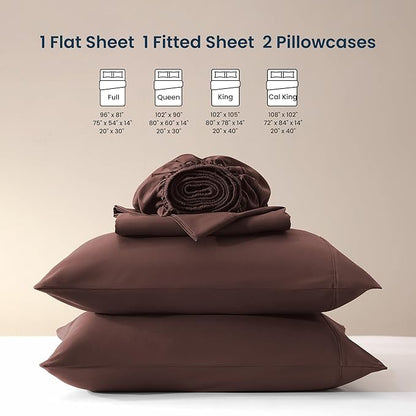SLEEP ZONE Nanotex Super Soft Cooling Full Size Bed Sheets Set 4 Piece - Easy Care Fitted Flat Sheet & Pillowcase Sets - Wrinkle Free, Fade Resistant, Deep Pocket 16" (Brown, Full)