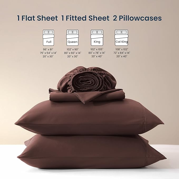 SLEEP ZONE Nanotex Super Soft Cooling King Bed Sheets Set 4 Piece - Easy Care Fitted Flat Sheet & Pillowcase Sets - Wrinkle Free, Fade Resistant, Deep Pocket 16" (Brown, King)