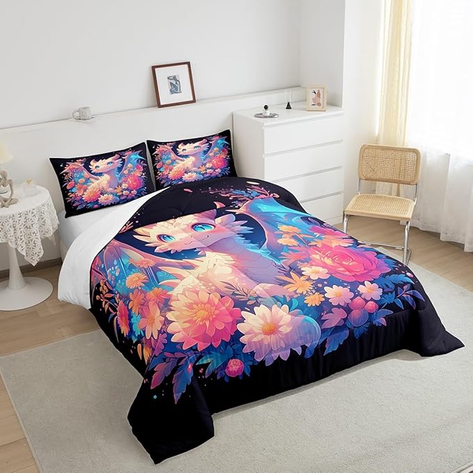 Castle Fairy Cute Wildlife Western Animals Comforter Set with 2 Pillowcases,Watercolor Flower Super Soft Microfiber Bedding Set for Adults Teens,Dragon Duvet Set for Room Decor,King