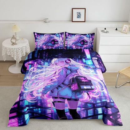 Erosebridal Japanese Girl Bedding Set Girly Anime Down Comforter for Kids,Sci Fi Style Gaming Queen Comforter Set Room Decor 3 Pcs,3D Cartoon Anime Girl Duvet Insert 2 Pillow Cases
